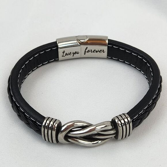 🔸️NIB Black "To My Man" Braided Leather Infinity Knot Cuff Bracelet 7.8" - Picture 7 of 11